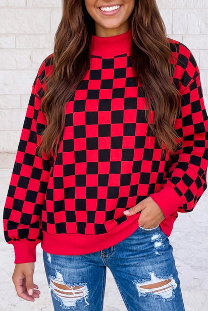 Red Checkered Print High Neck Baggy Sweatshirt — image 01
