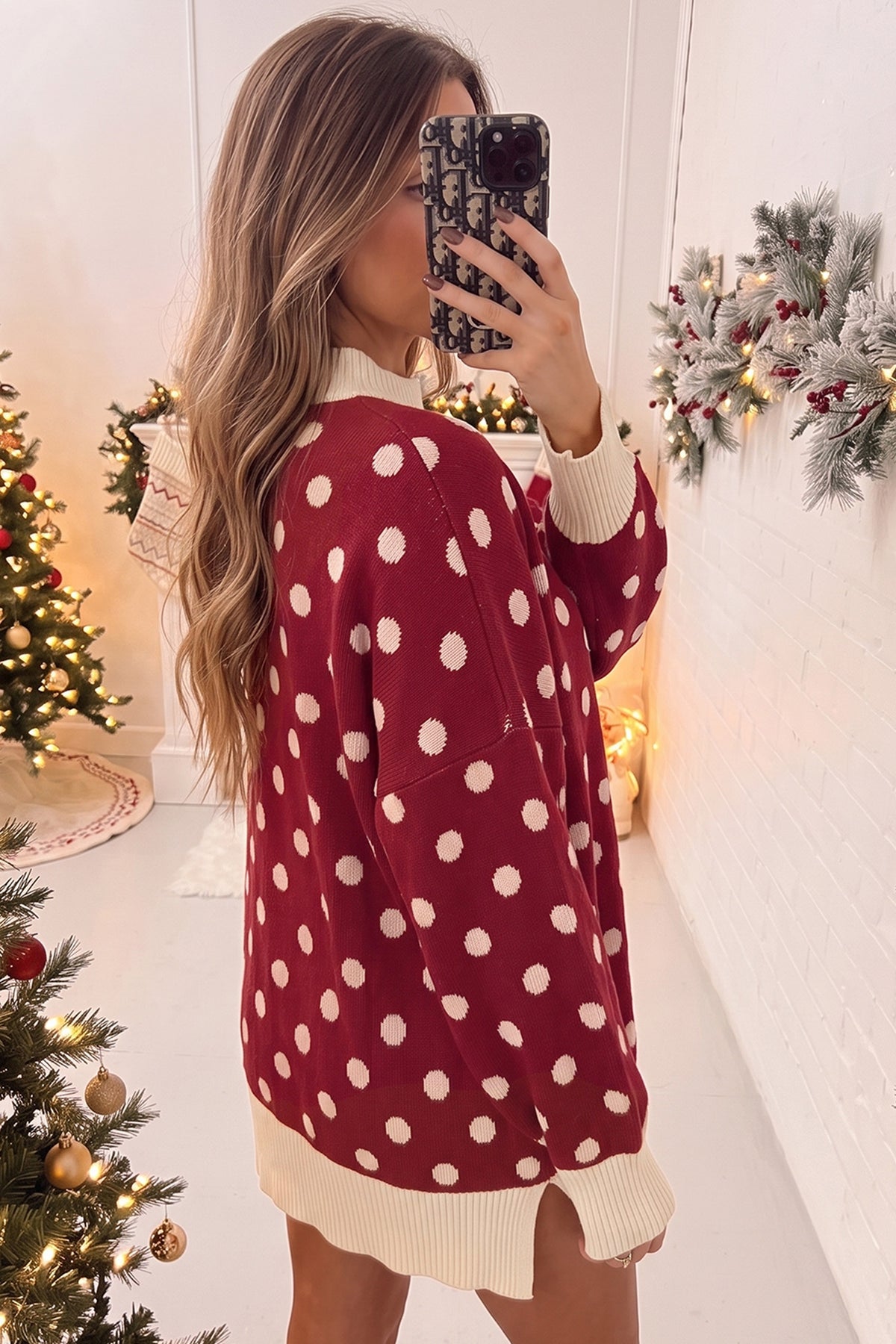 Red Polka Dot Pattern Ribbed Colorblock Trim Split Tunic Sweater — image 01