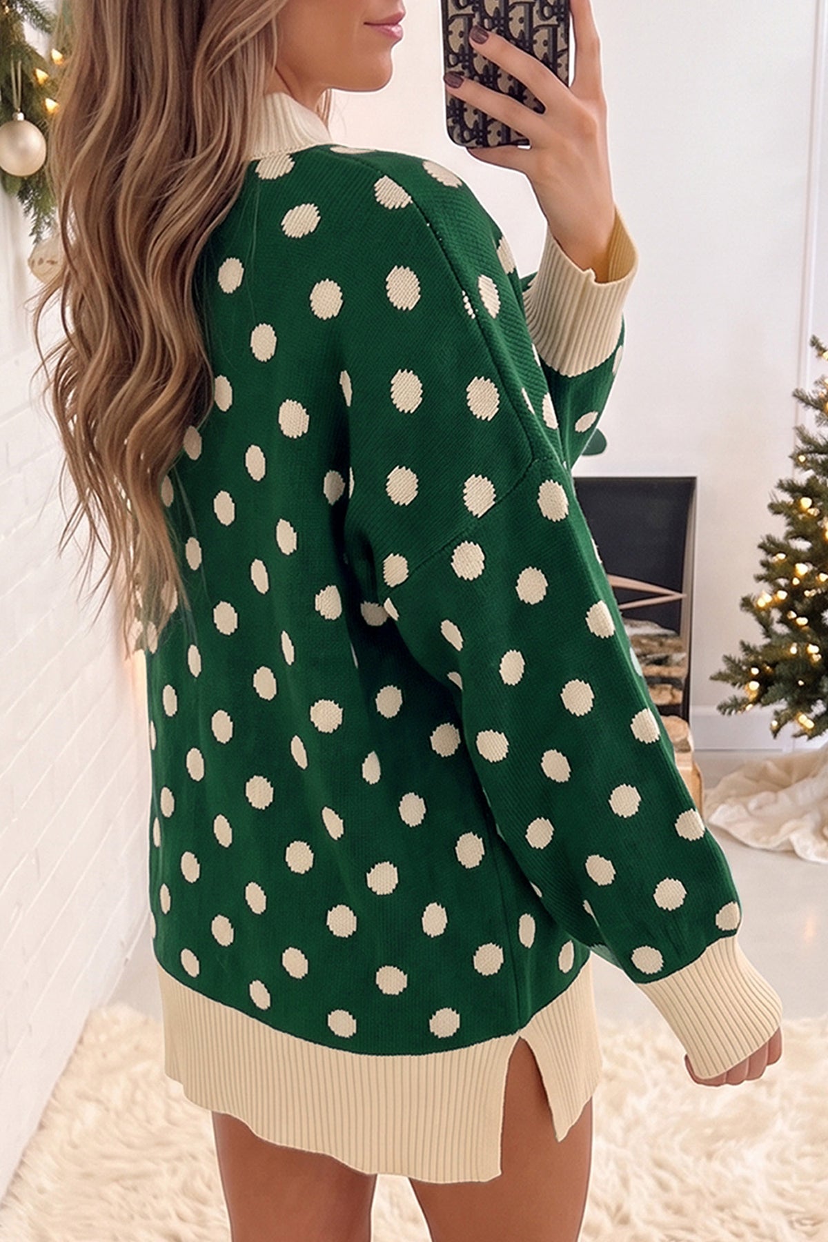 Green Polka Dot Pattern Ribbed Colorblock Trim Split Tunic Sweater — image 01