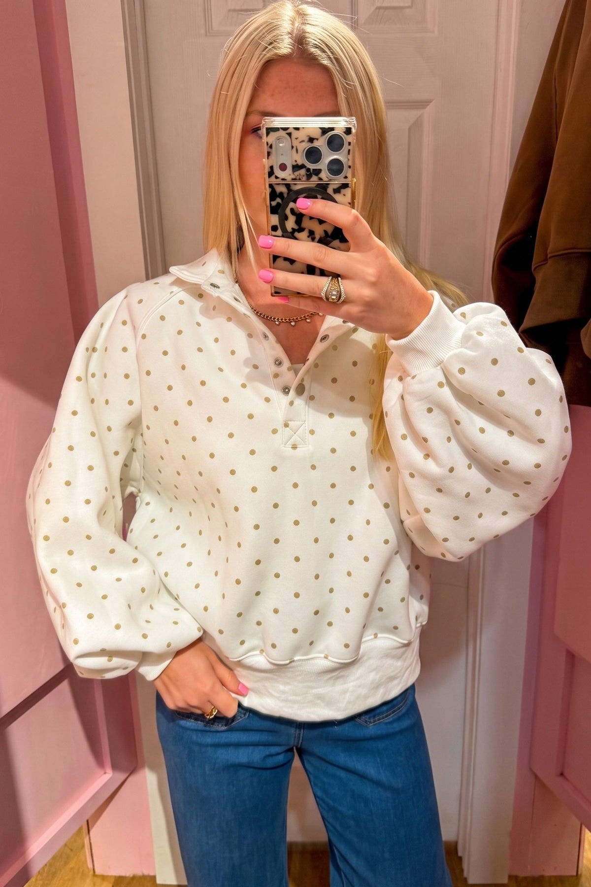 White Polka Dot Print Metal Button Collar Casual Pullover Sweatshirt — image 01