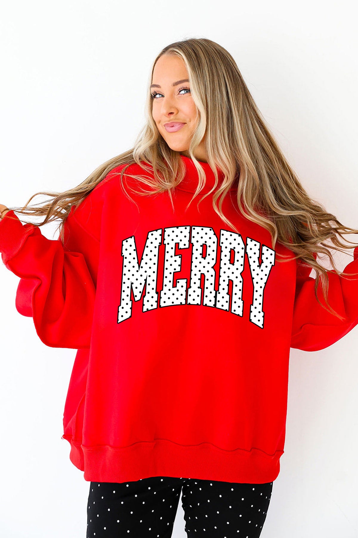 Racing Red Polka Dot MERRY Mock Neck Tunic Sweatshirt — image 01