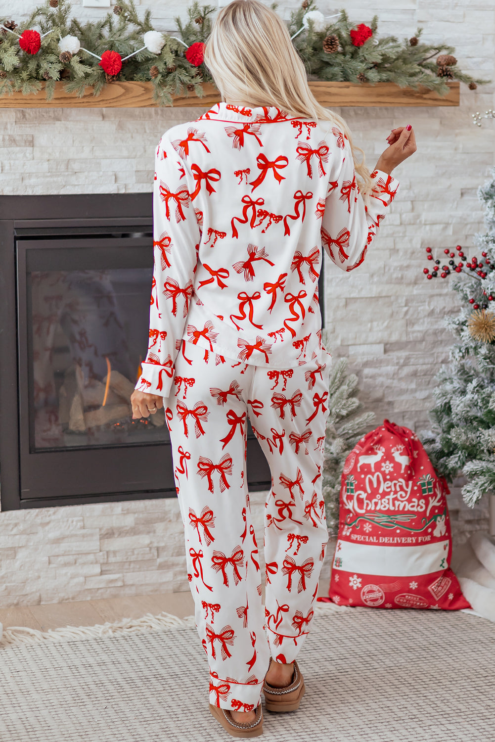 Red Christmas Bow Print Long 2pcs Pajama Set — image 01