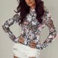 Brown Floral Long Sleeve High Neck Sheath Mesh Blouse — image 01