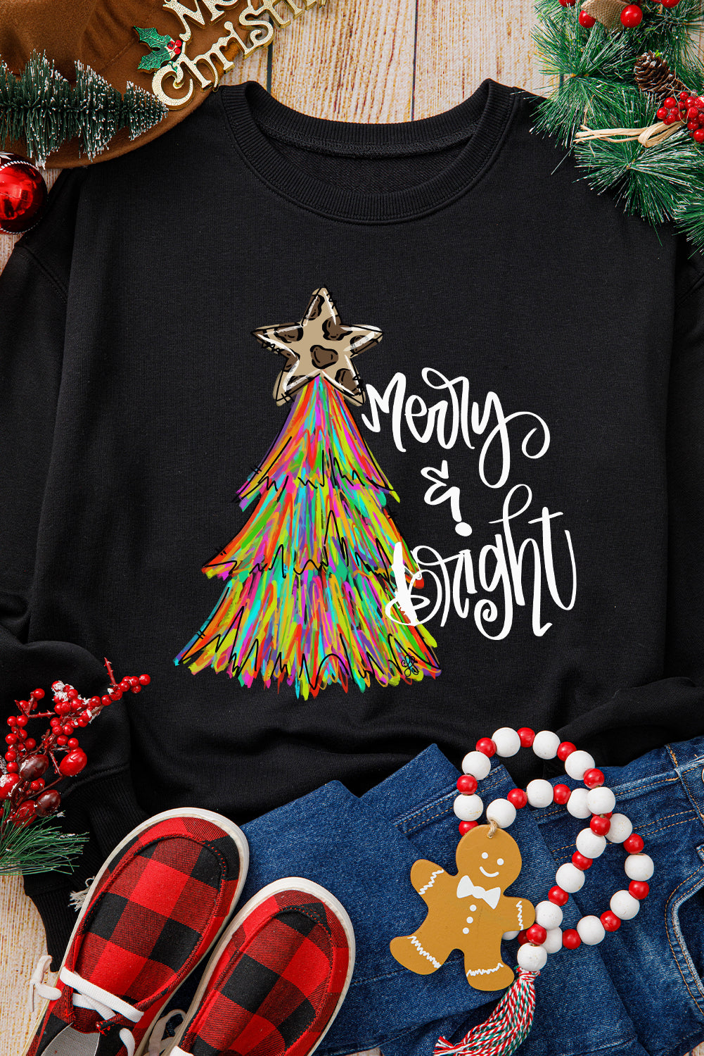 Black Merry & Bright Christmas Tree Graphic Sweatshirt — image 01