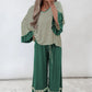 Stripe V-Neck Ruffle Contrast Sleeve Top + Drawstring Pants Set — image 01