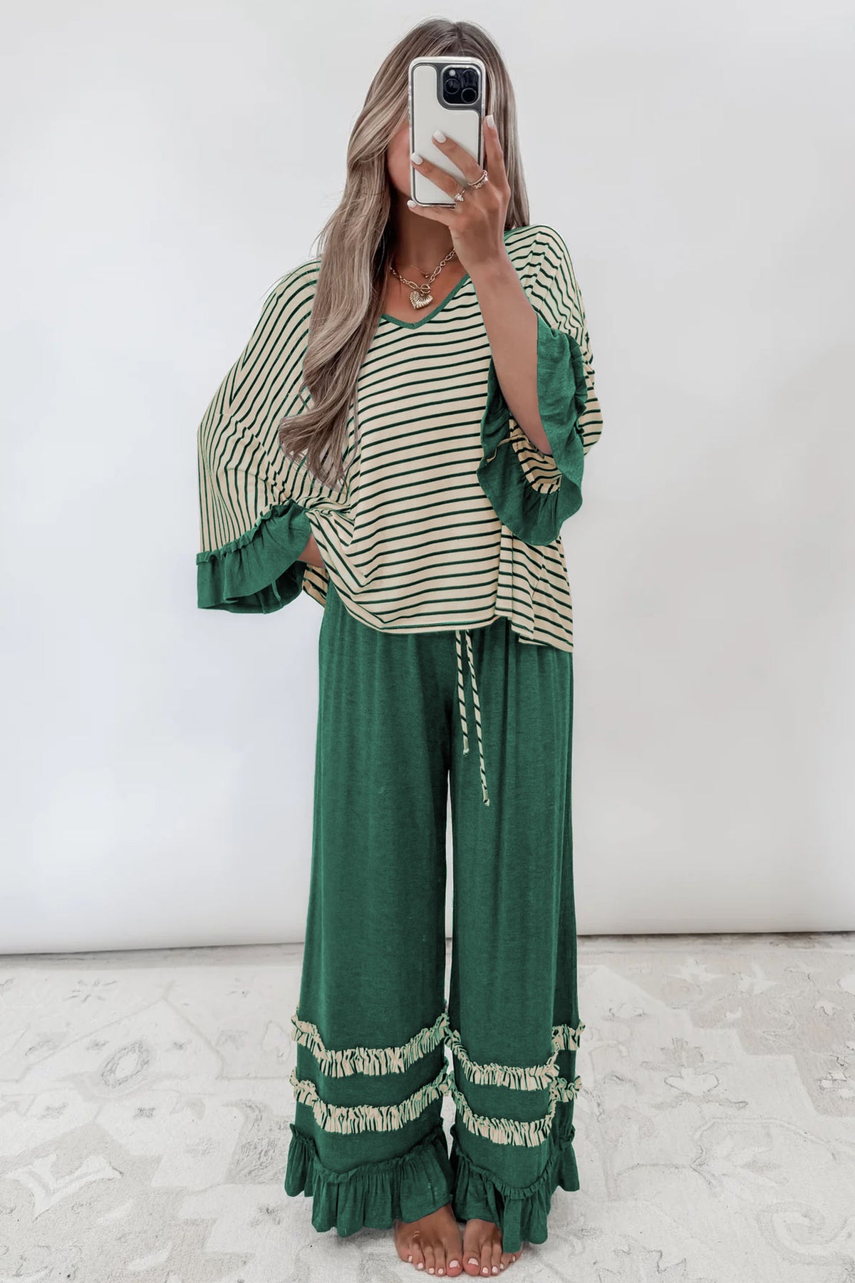 Stripe V-Neck Ruffle Contrast Sleeve Top + Drawstring Pants Set — image 01