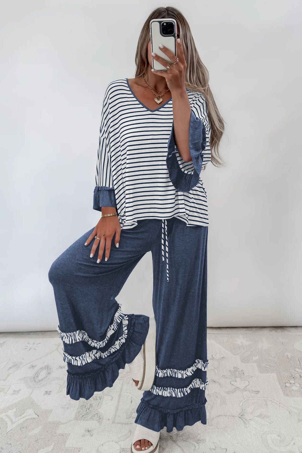 Stripe V-Neck Ruffle Contrast Sleeve Top + Drawstring Pants Set — image 01