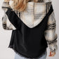 Black Plaid Sleeve Frayed Hem Hooded Denim Jacket — image 01