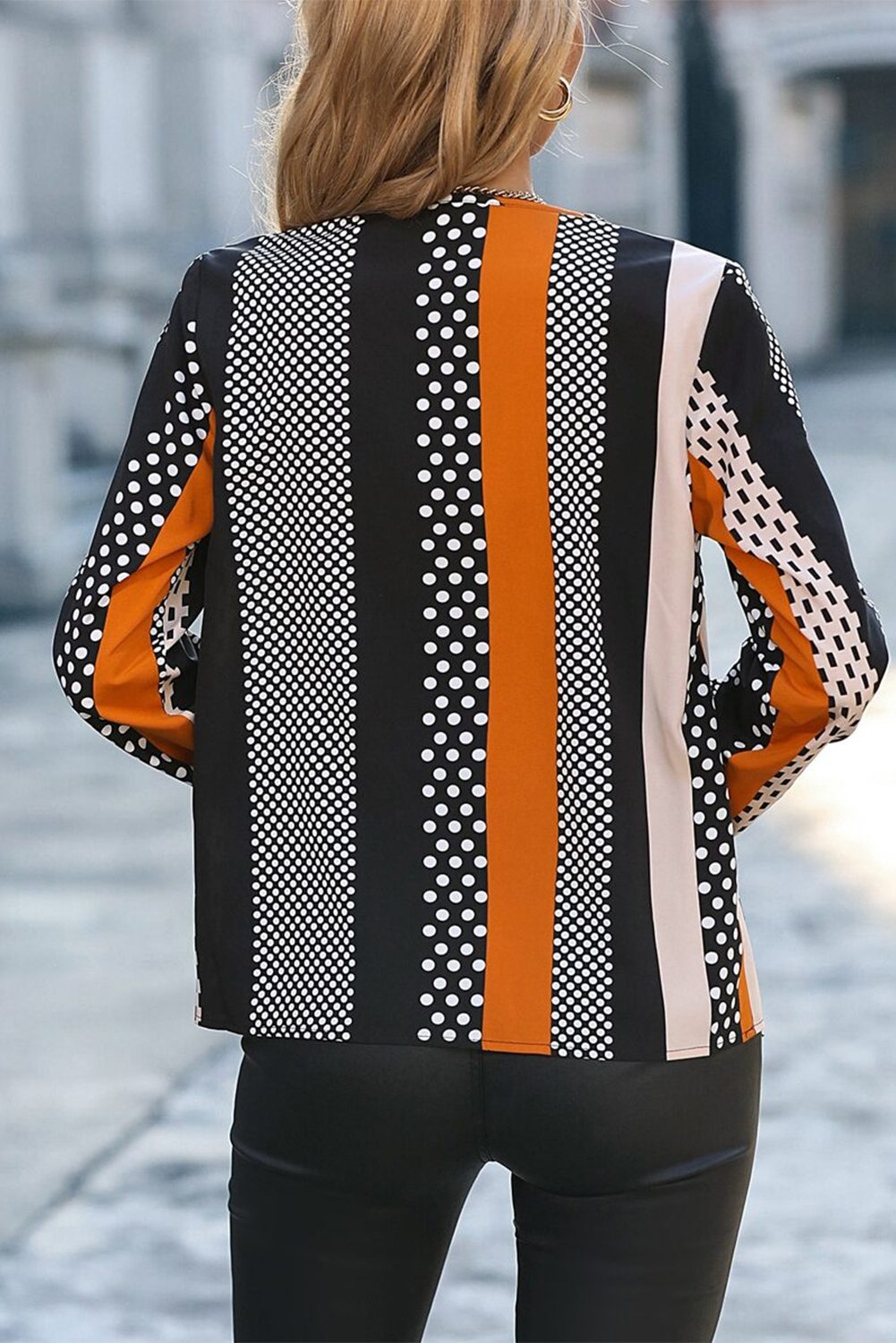 Orange Geo Print Colorblock Notched V Neck Blouse — image 01