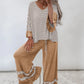 Stripe V-Neck Ruffle Contrast Sleeve Top + Drawstring Pants Set — image 01