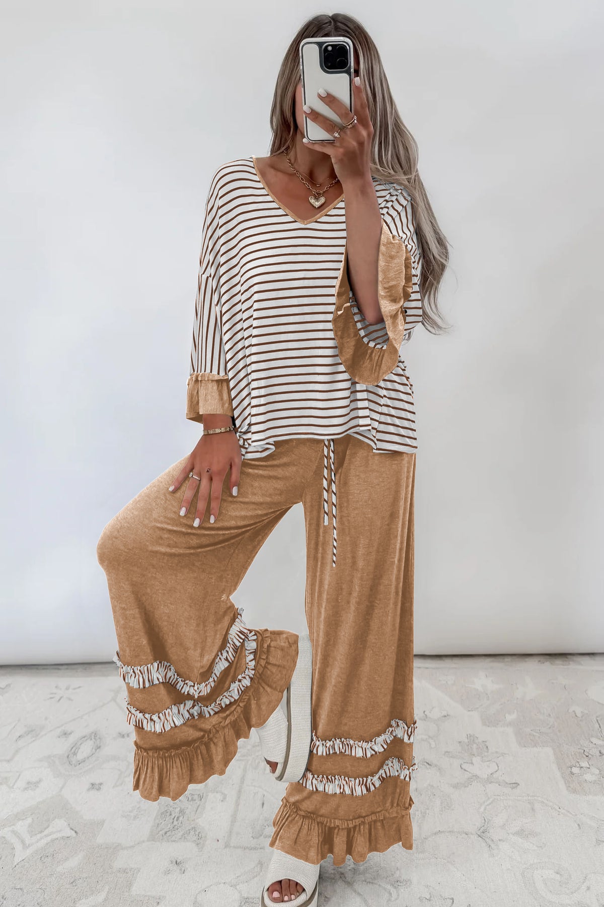 Stripe V-Neck Ruffle Contrast Sleeve Top + Drawstring Pants Set — image 01