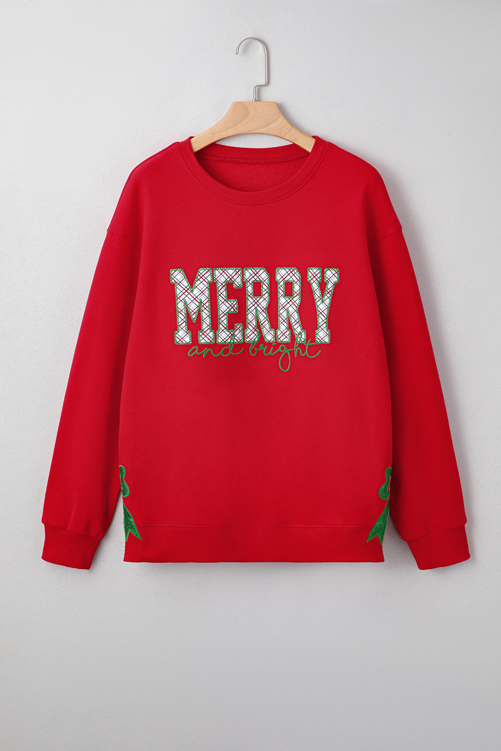 Fiery Red Merry & Bright Plaid Sequin Bow Christmas Sweatshirt — image 01