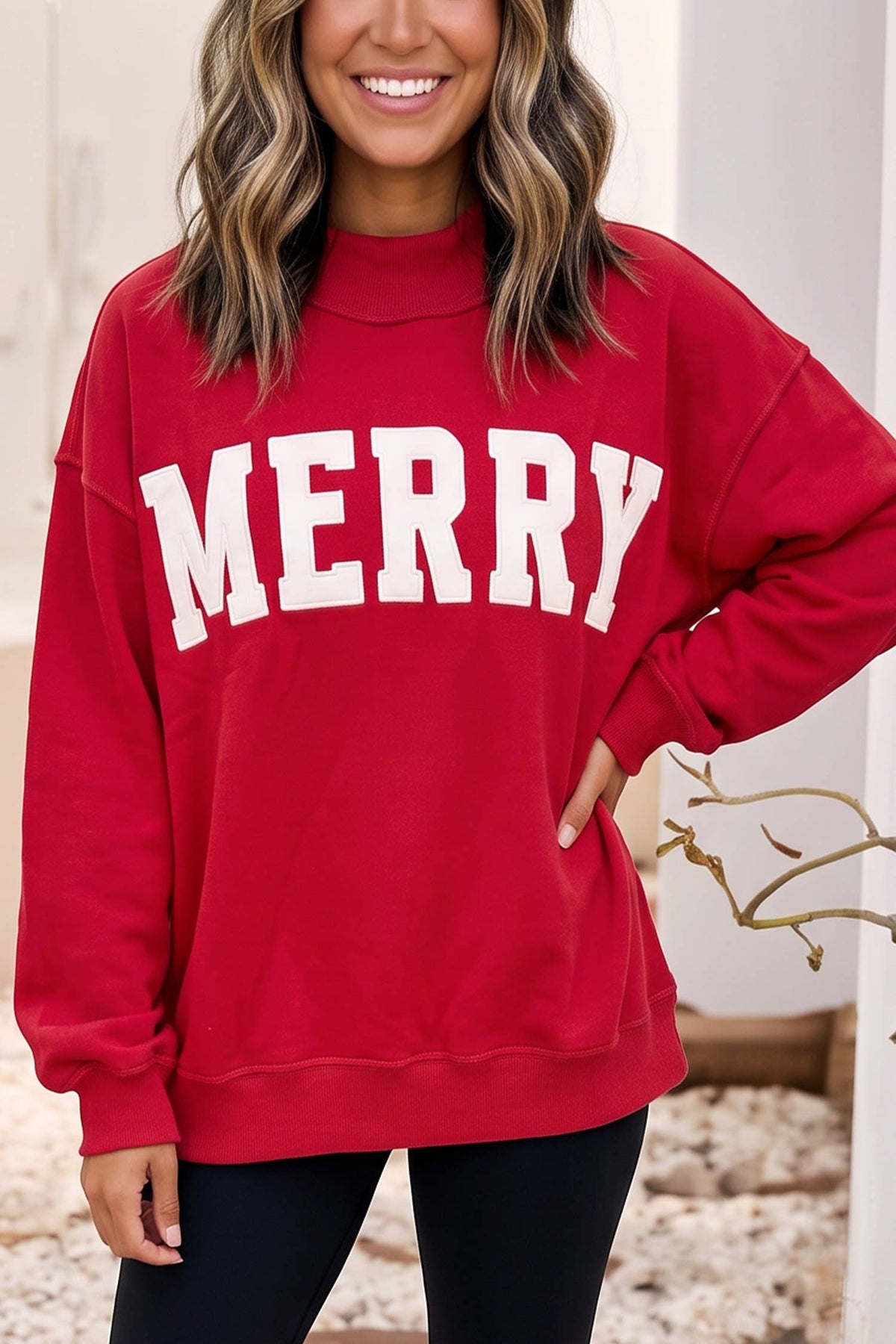 Fiery Red MERRY Embroidered Letter High Neck Tunic Pullover Sweatshirt — image 01