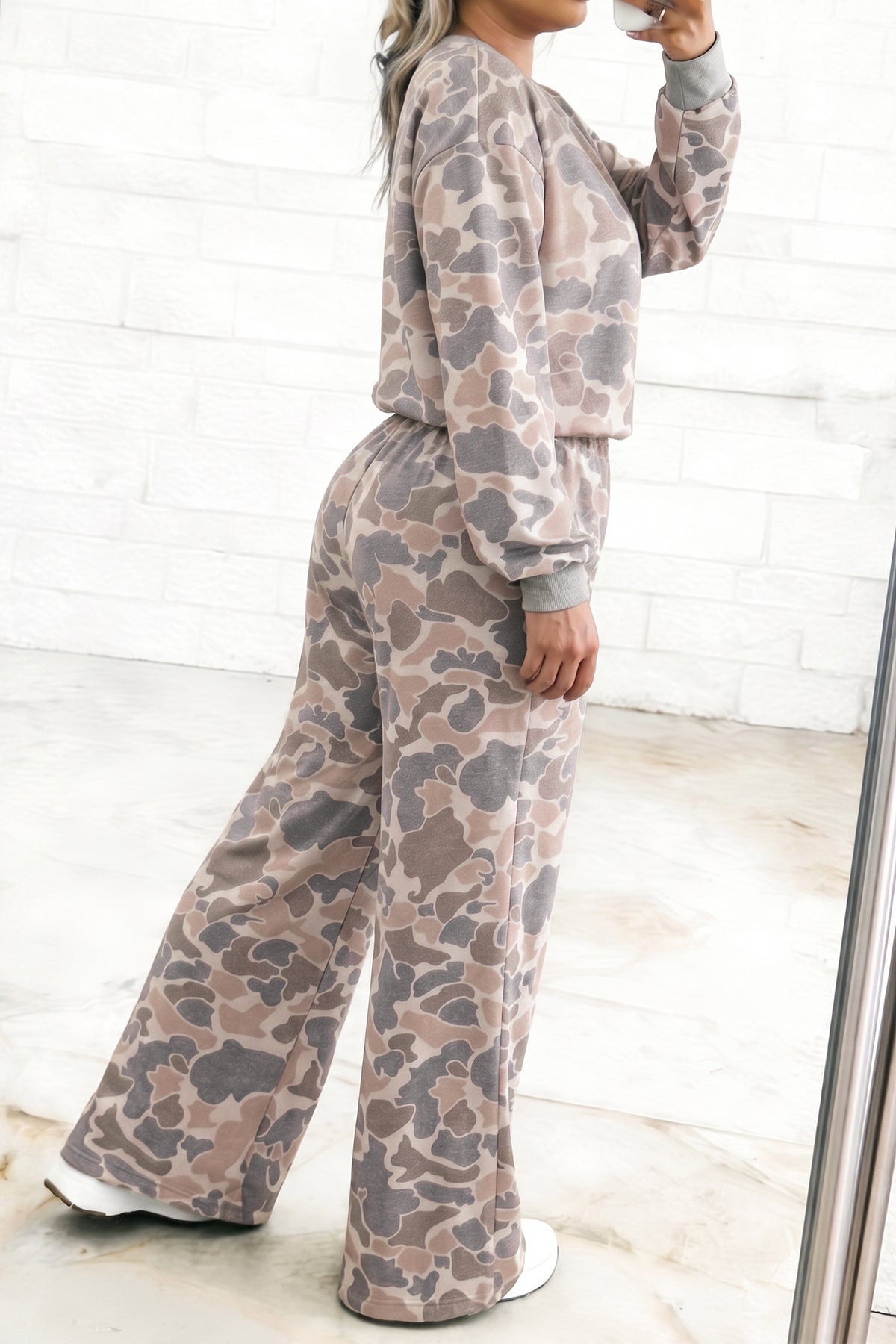 Multicolor Camouflage Print Long Sleeve Top Loose Two-Piece Pant Set — image 01