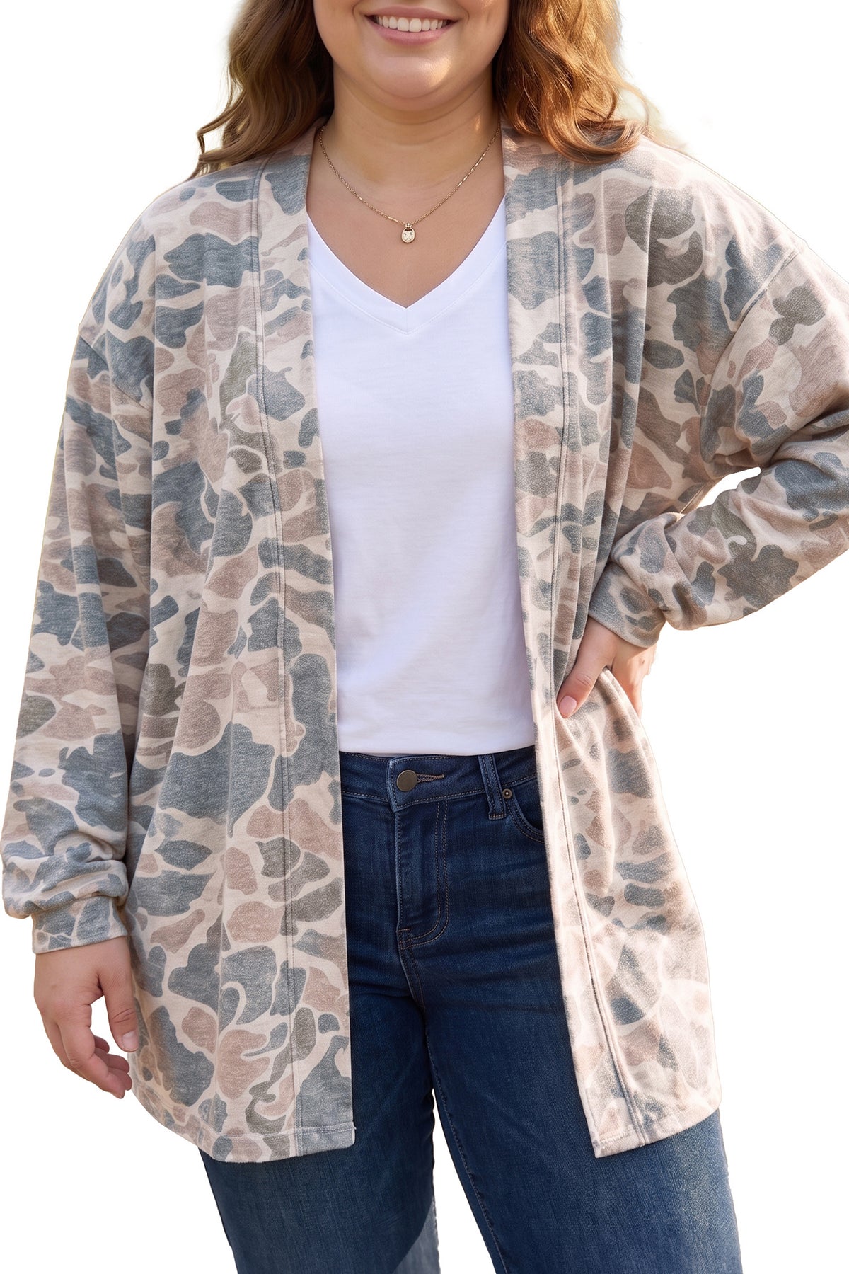 Multicolor Camouflage Print Long Sleeve Open Front Tunic Cardigan — image 01