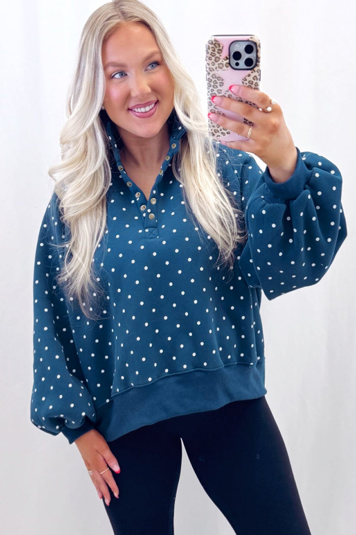 Blue Polka Dot Print Metal Button Collar Casual Pullover Sweatshirt — image 01