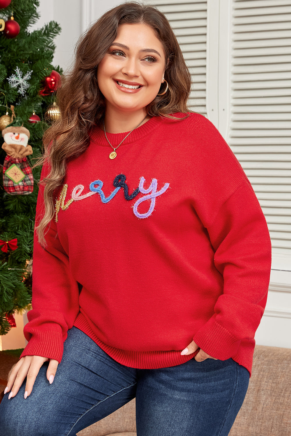 Fiery Red Tinsel Merry Letter Drop Shoulder Baggy Sweater — image 01