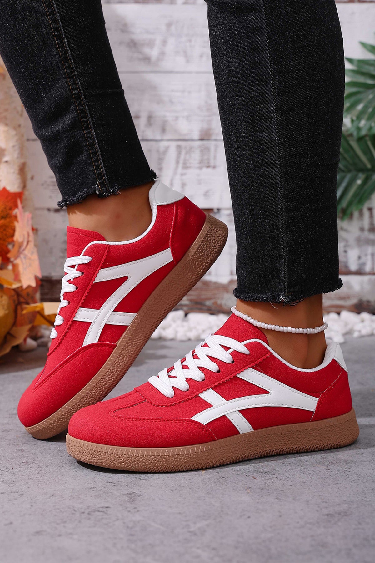 Racing Red Faux Suede Contrast Patchwork Detail Lace Up Flat Sneakers — image 01