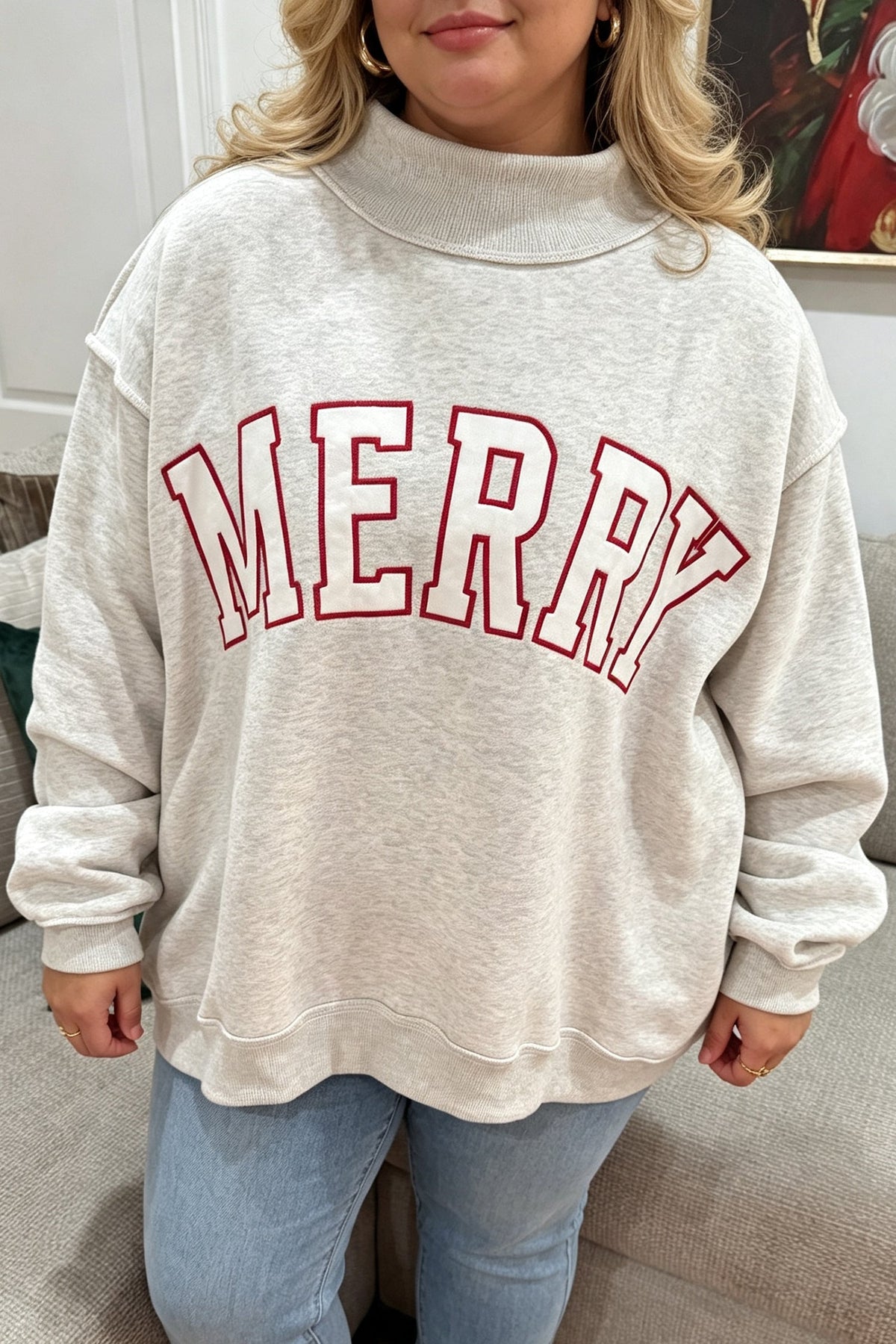 Gray Embroidered Merry Letter Print Mock Neck Plus Size Sweatshirt — image 01