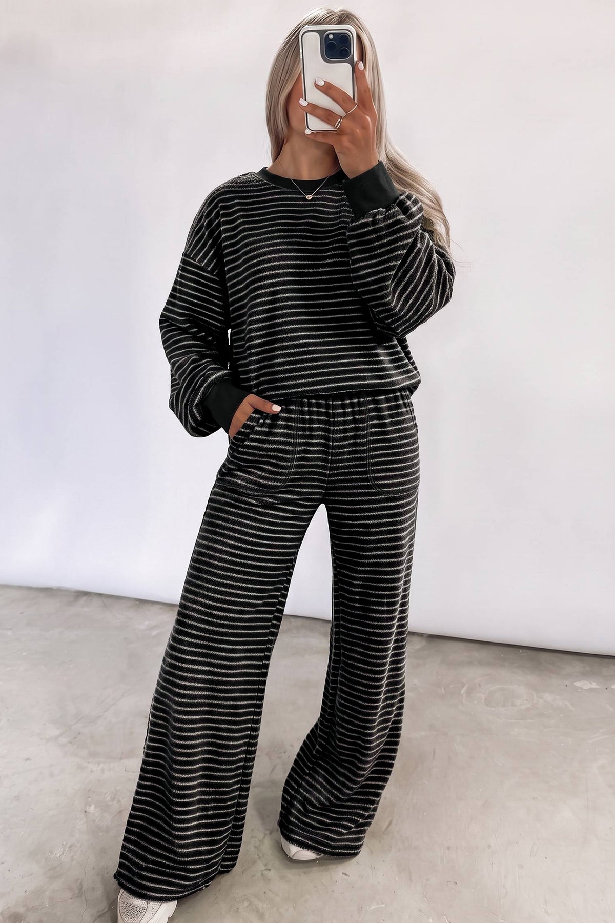 Stripe Cozy Terry Knit Pullover + Pocket Pants Set — image 01