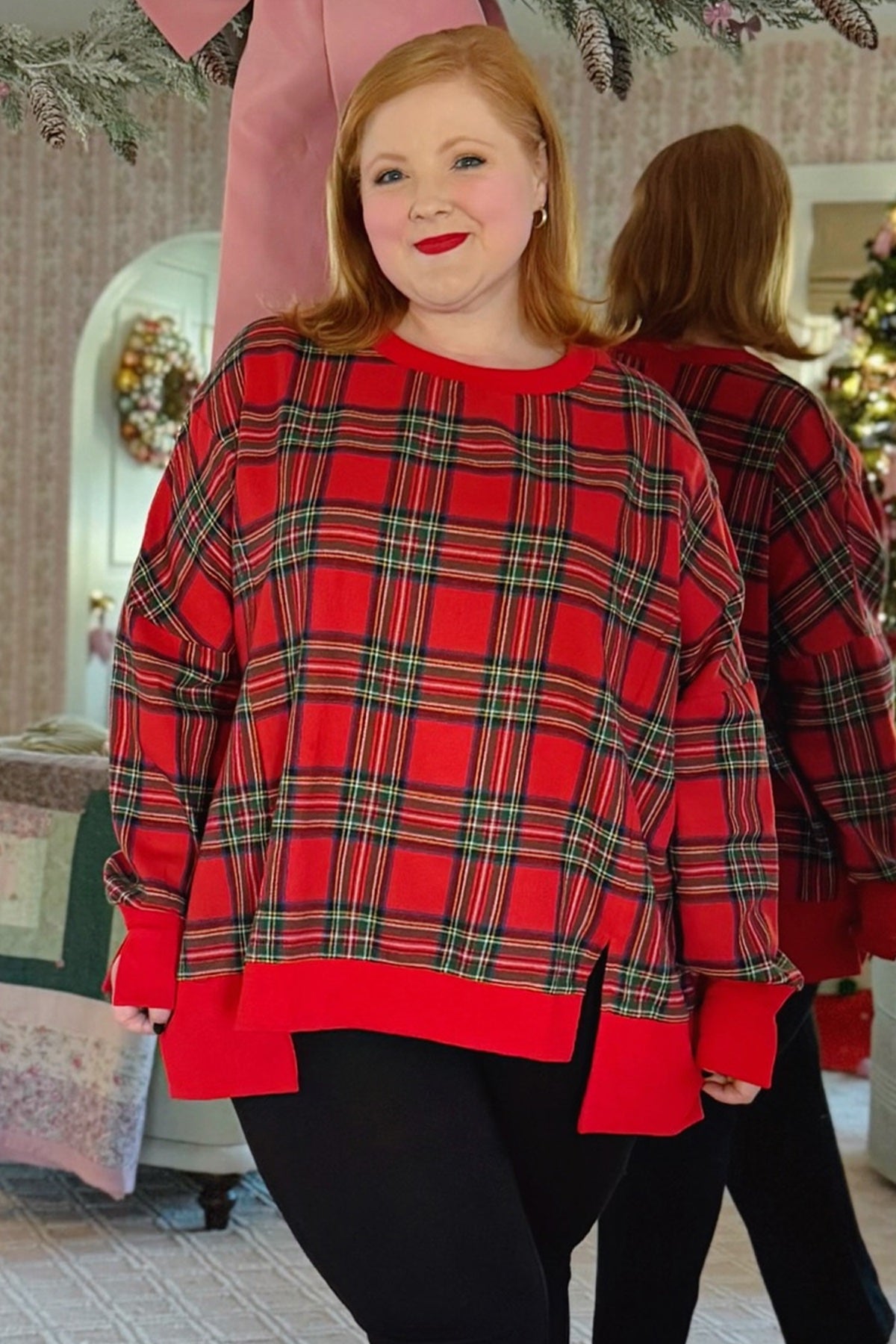 Red Festive Plaid Split Tunic Sweatshirt - Plus — image 02