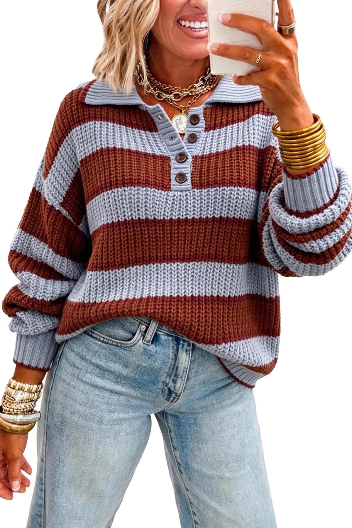 Racing Red Button Collar Relaxed Pullover Sweater — image 02