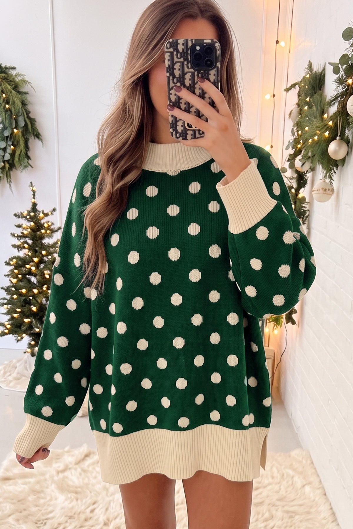 Green Polka Dot Pattern Ribbed Colorblock Trim Split Tunic Sweater — image 02