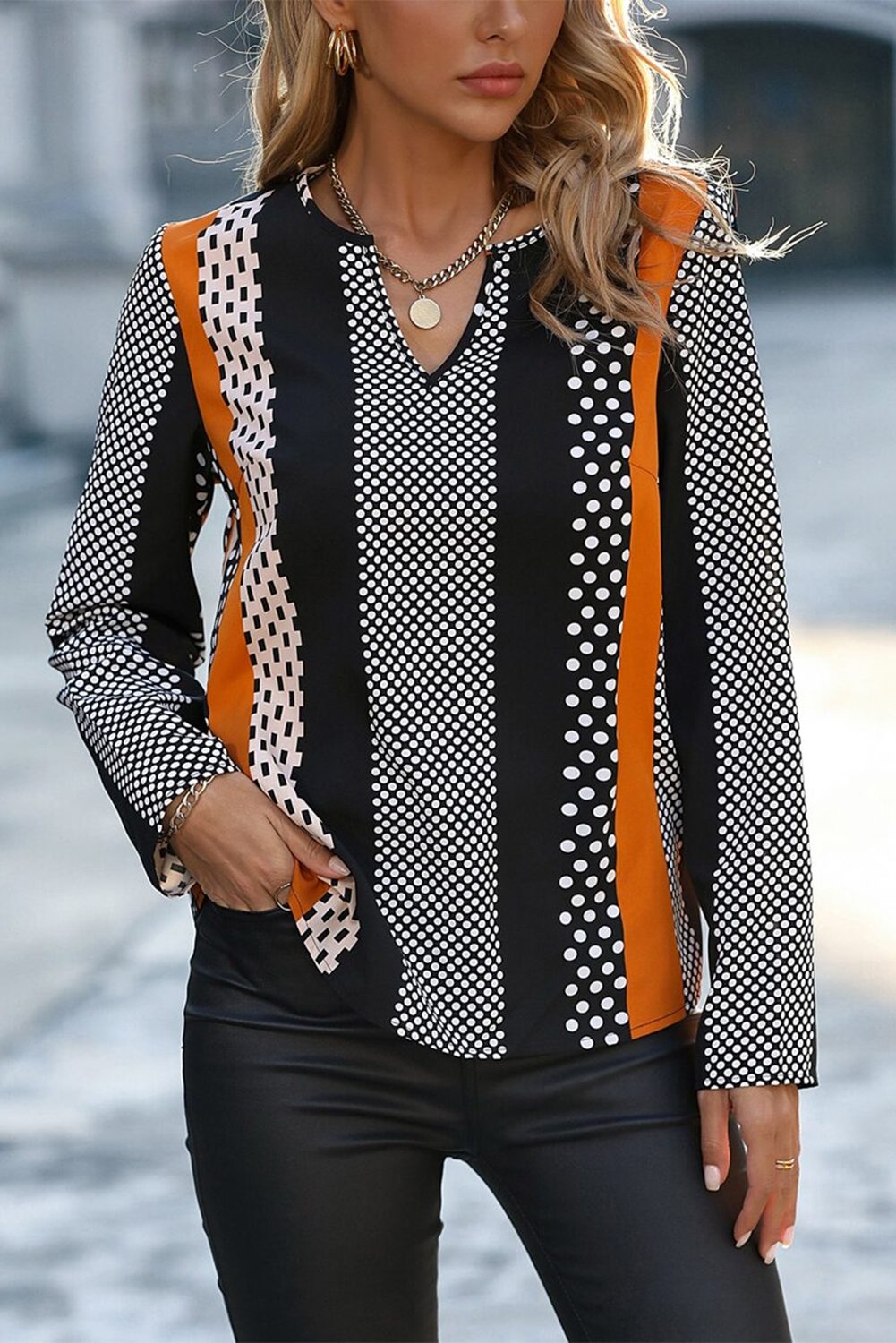 Orange Geo Print Colorblock Notched V Neck Blouse — image 02