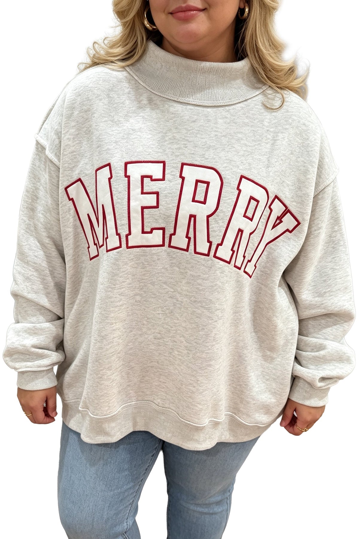 Gray Embroidered Merry Letter Print Mock Neck Plus Size Sweatshirt — image 02
