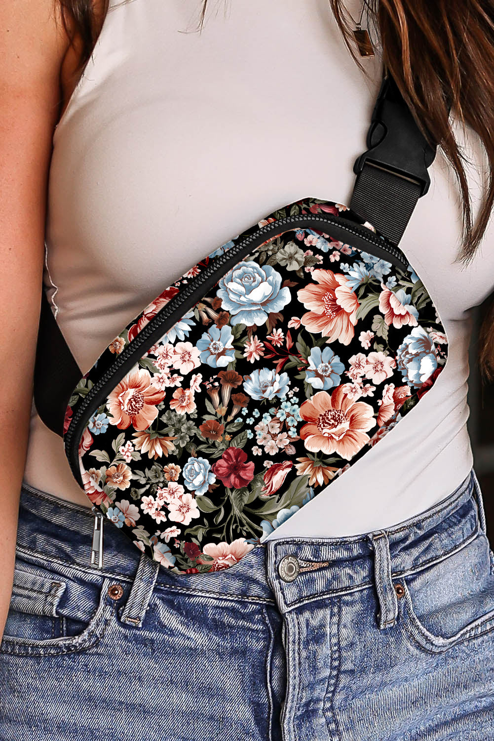 Black Floral Print Zipper Wide Strap Sling Bag — image 02