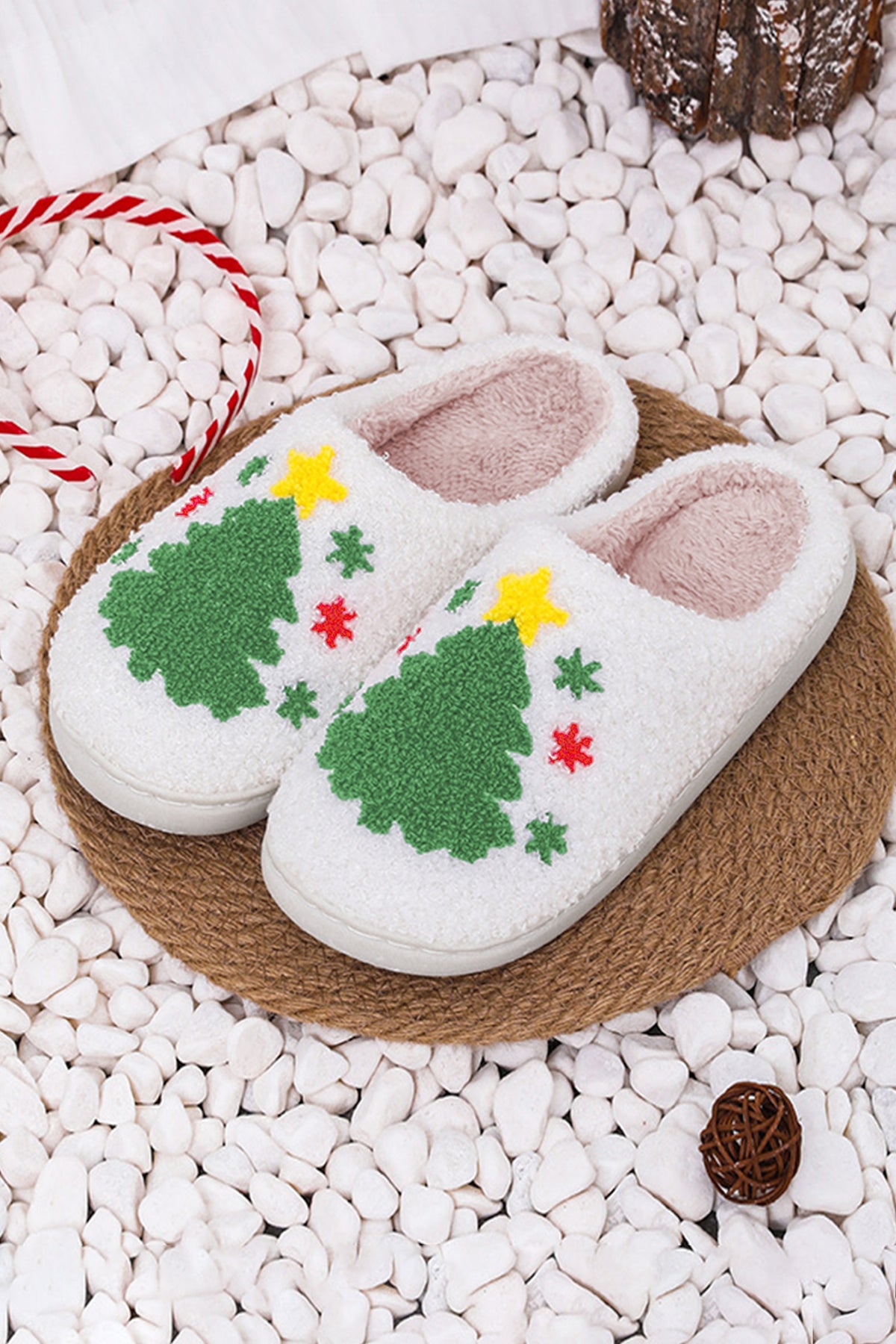 White Fuzzy Christmas Tree Pattern Home Slippers — image 02