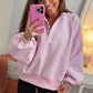Pink Polka Dot Print Metal Button Collar Casual Pullover Sweatshirt — image 02
