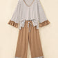 Stripe V-Neck Ruffle Contrast Sleeve Top + Drawstring Pants Set — image 02
