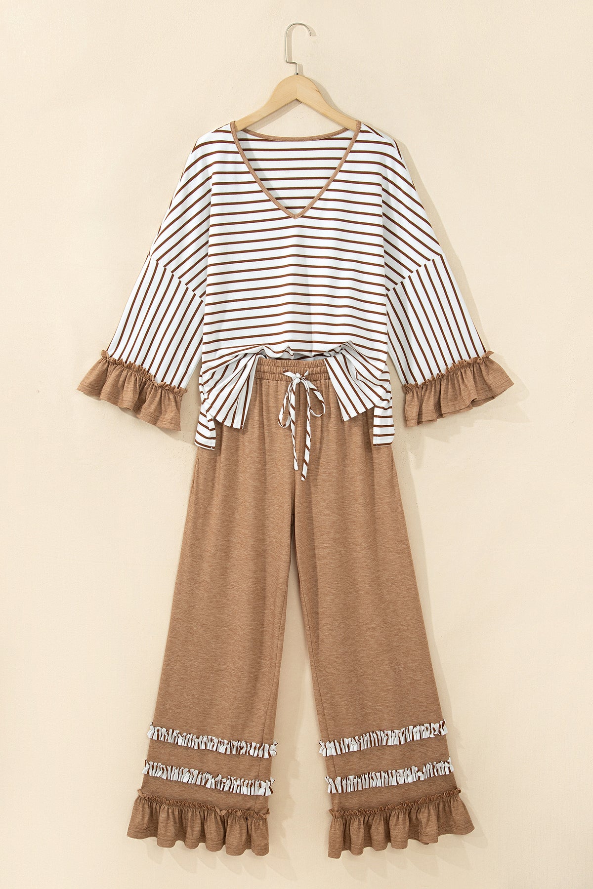 Stripe V-Neck Ruffle Contrast Sleeve Top + Drawstring Pants Set — image 02