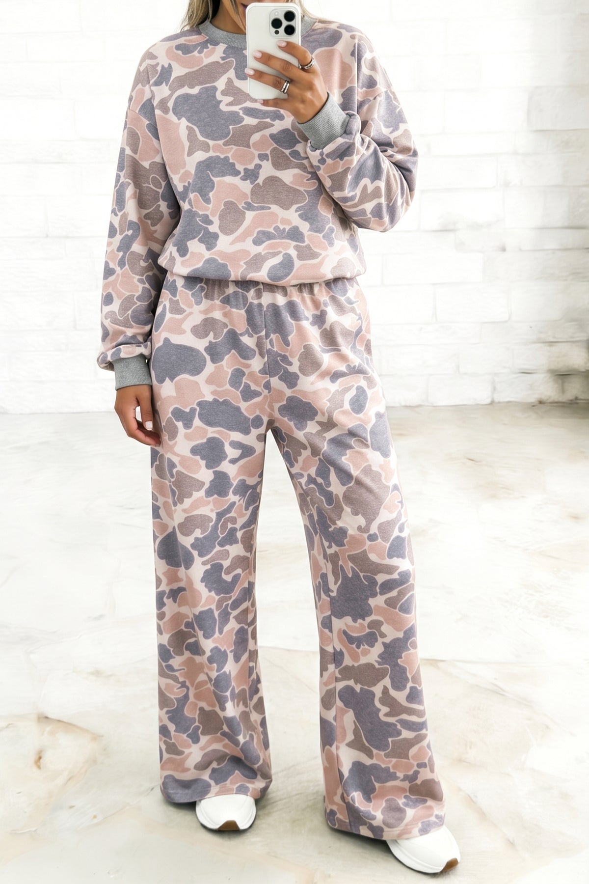 Multicolor Camouflage Print Long Sleeve Top Loose Two-Piece Pant Set — image 02