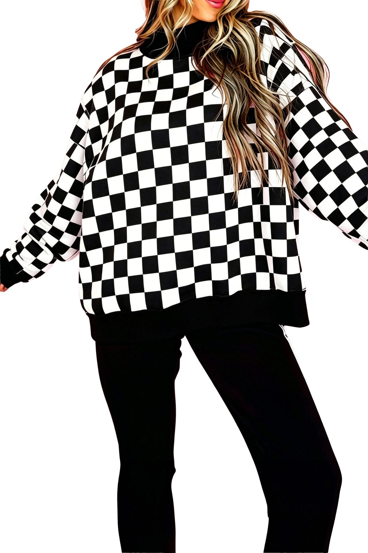Black Checkered Print High Neck Baggy Sweatshirt — image 02