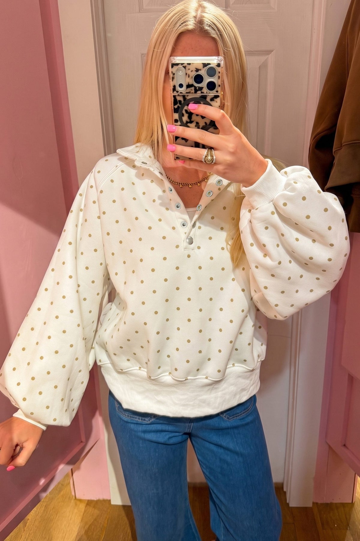White Polka Dot Print Metal Button Collar Casual Pullover Sweatshirt — image 02