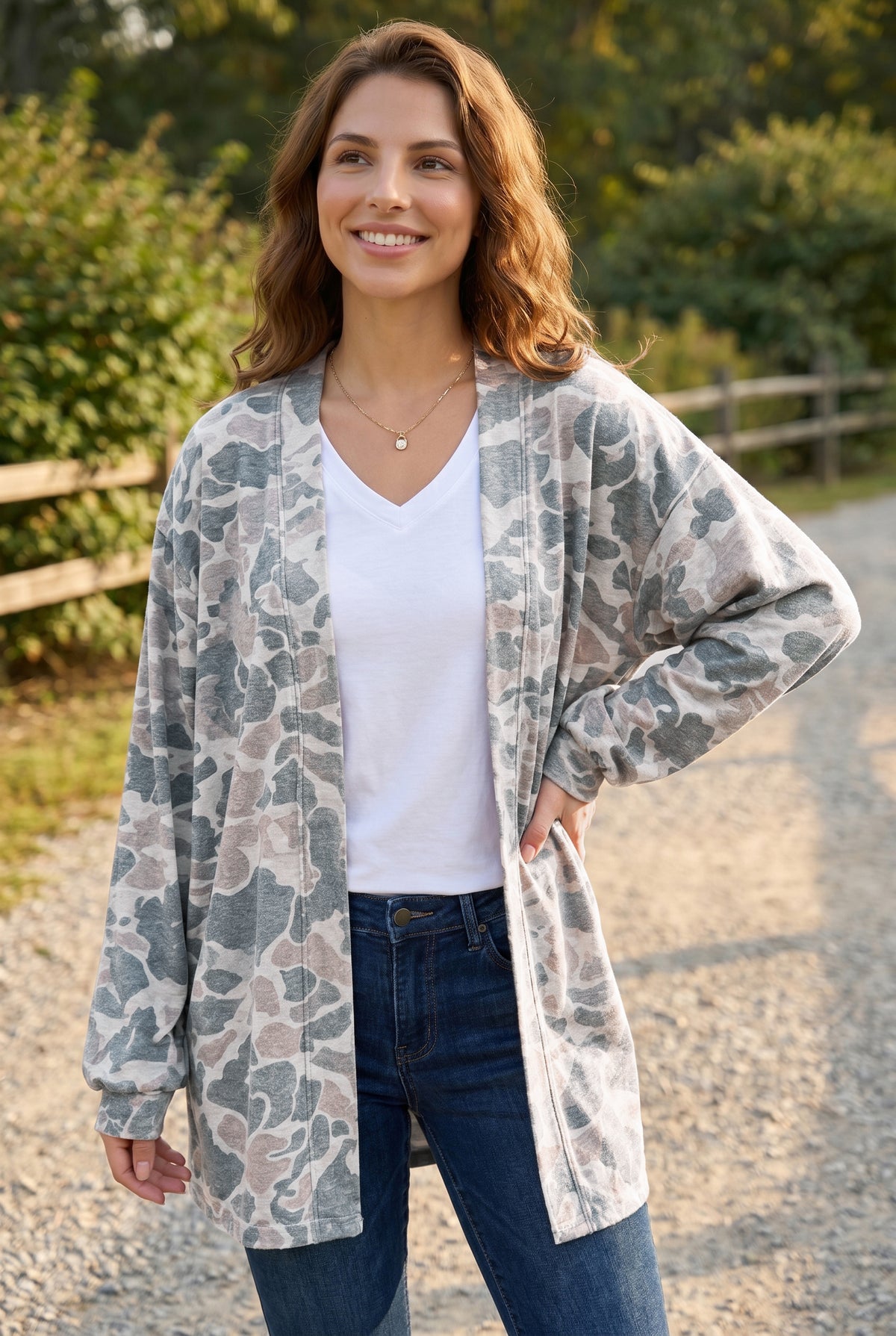 Multicolor Camouflage Print Long Sleeve Open Front Tunic Cardigan — image 02