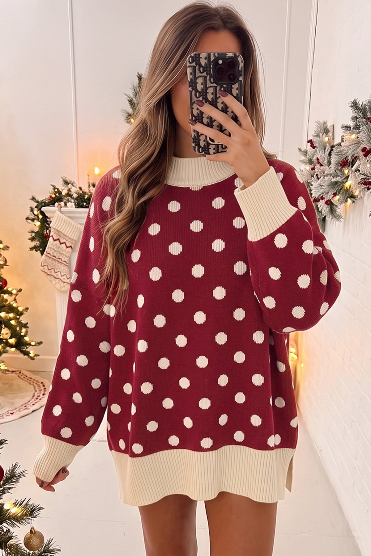 Red Polka Dot Pattern Ribbed Colorblock Trim Split Tunic Sweater — image 02