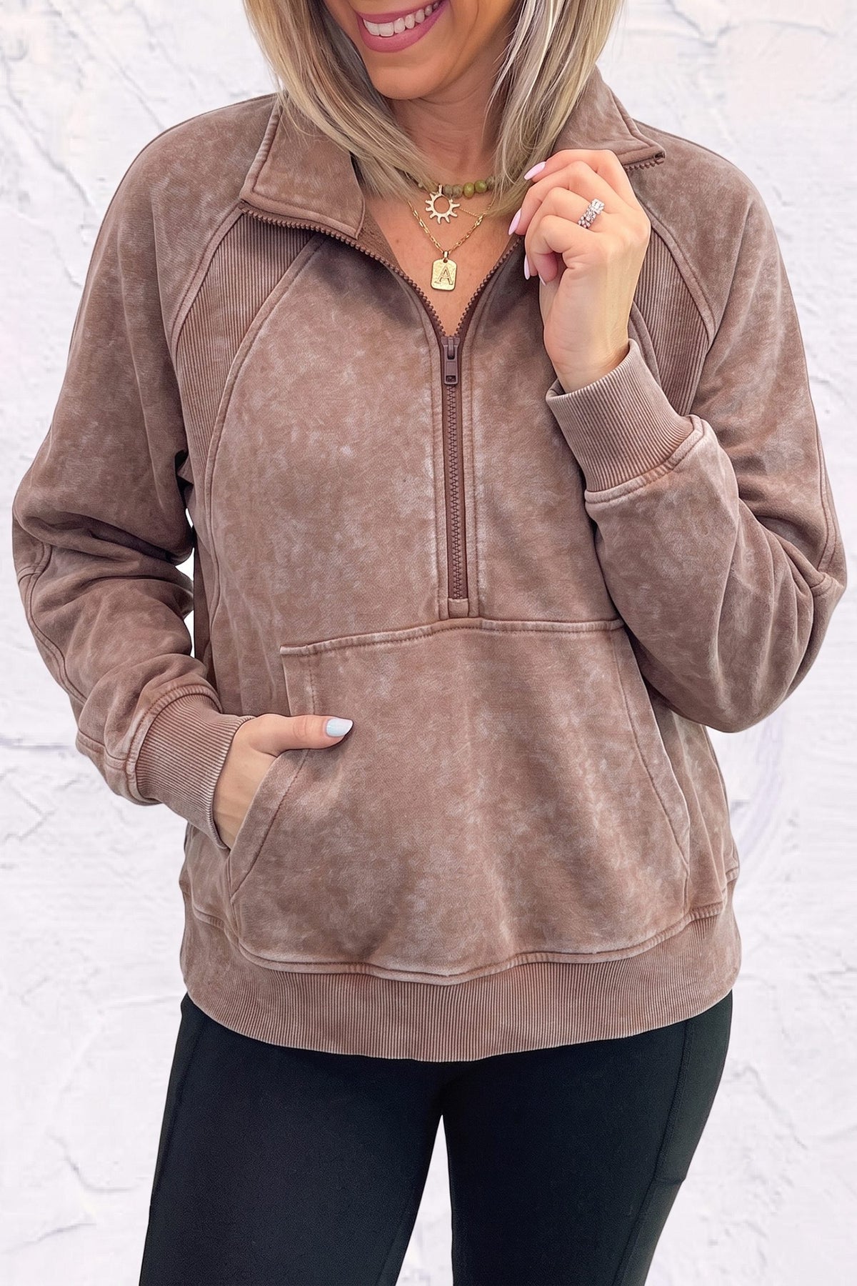 Chestnut Vintage Half-Zip Long Sleeve Ribbed Cuffs Hem Shift Silhouette Sweatshirt — image 02