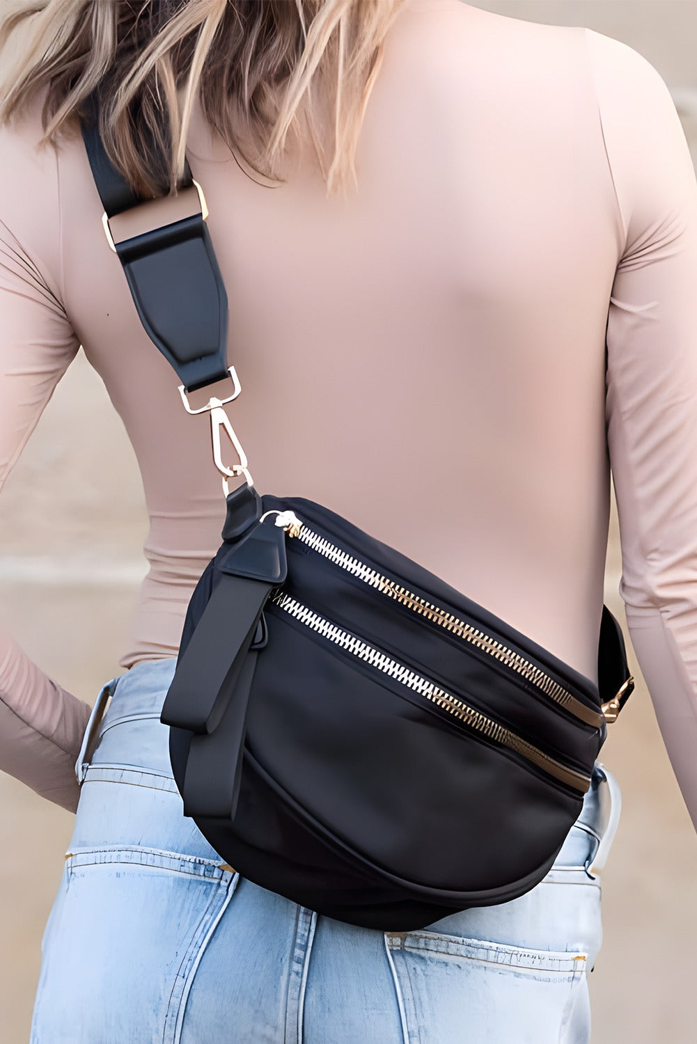 Black Double Zip Crescent Shape Adjustable Sling Bag — image 02