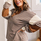 Brown Stripe Collar V Neck Color Block Pullover Top — image 02