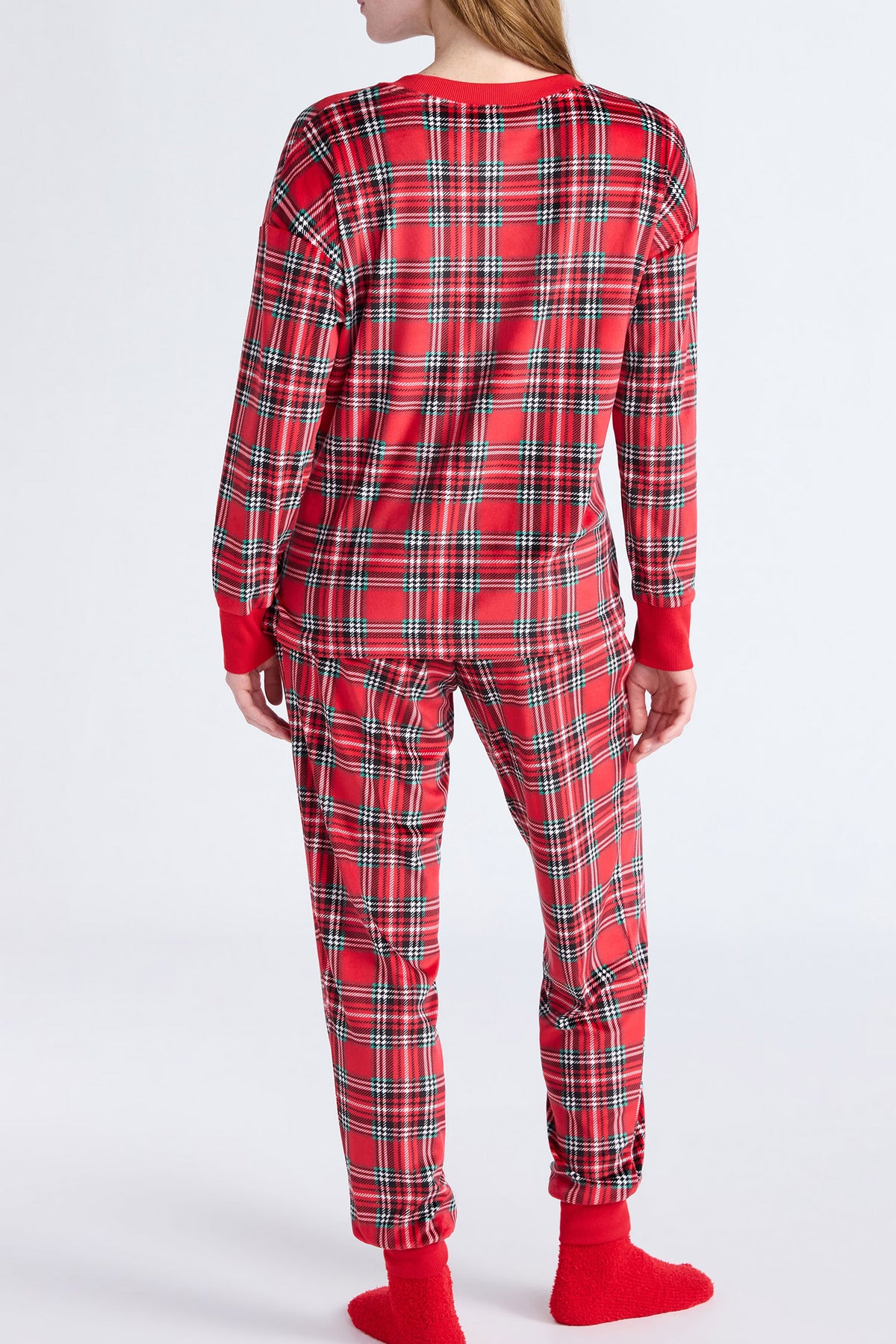 Red Festive Plaid Ribbed Trim Round Neck Long Sleeve Top Comfy Lounge Pant Set — image 02