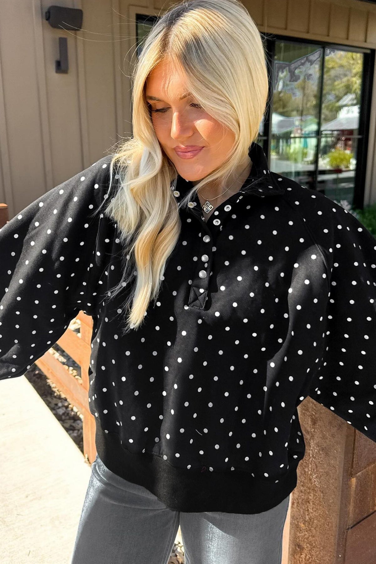 Black Polka Dot Print Metal Button Collar Casual Pullover Sweatshirt — image 02