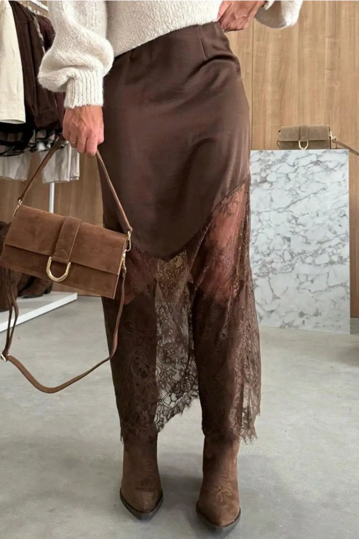 PREORDER // Dark Brown Lace Patchwork Hem Long Skirt // ETA November — image 02