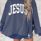 Blue Stripe Ribbed Accent Mock Neck JESUS Oversized Pullover and Shorts Set — image 02