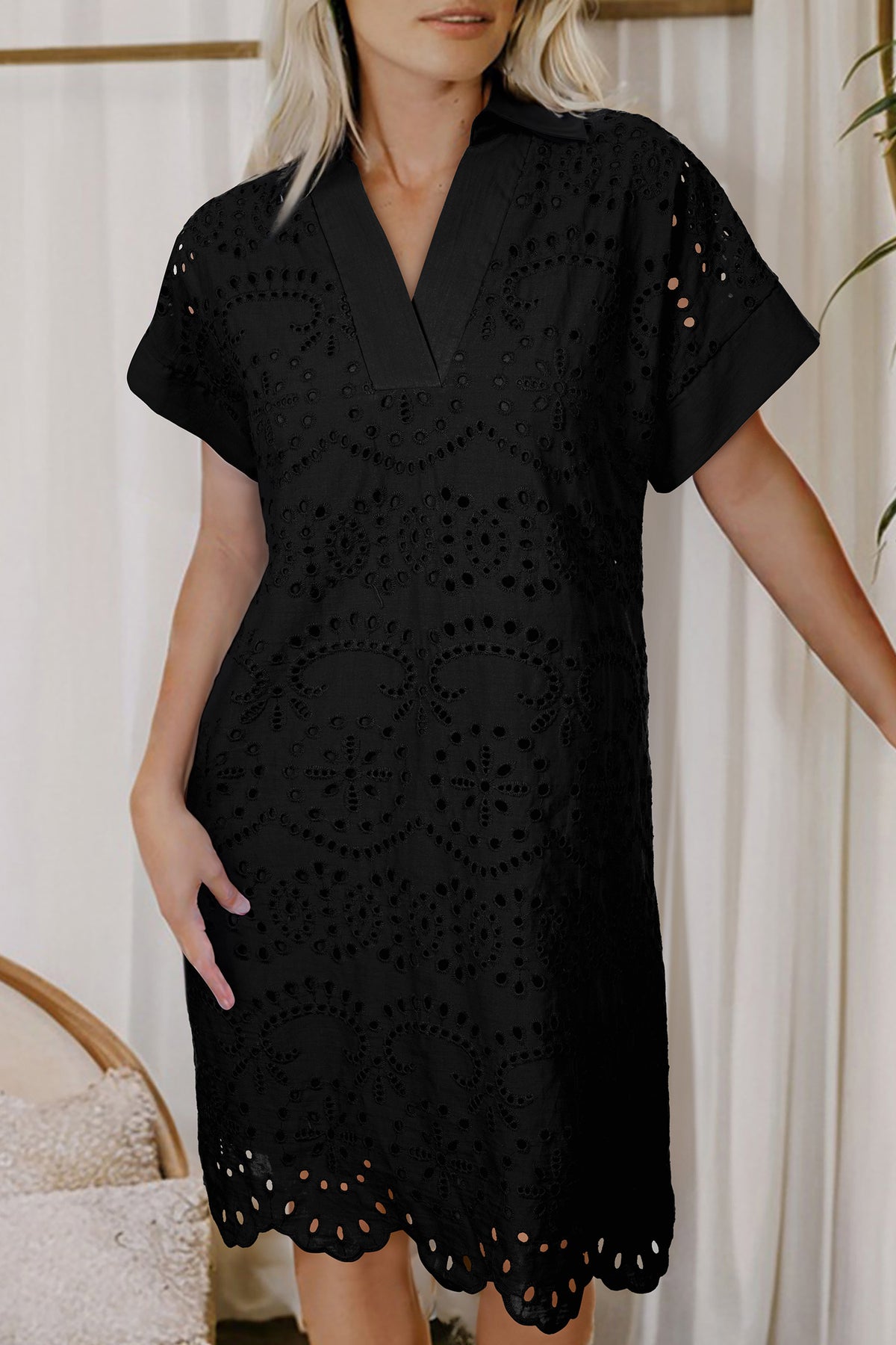 Black Solid Color Eyelet Embroidered T Shirt Mini Dress — image 02