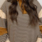 Brown Stripe Collar V Neck Color Block Pullover Top — image 02