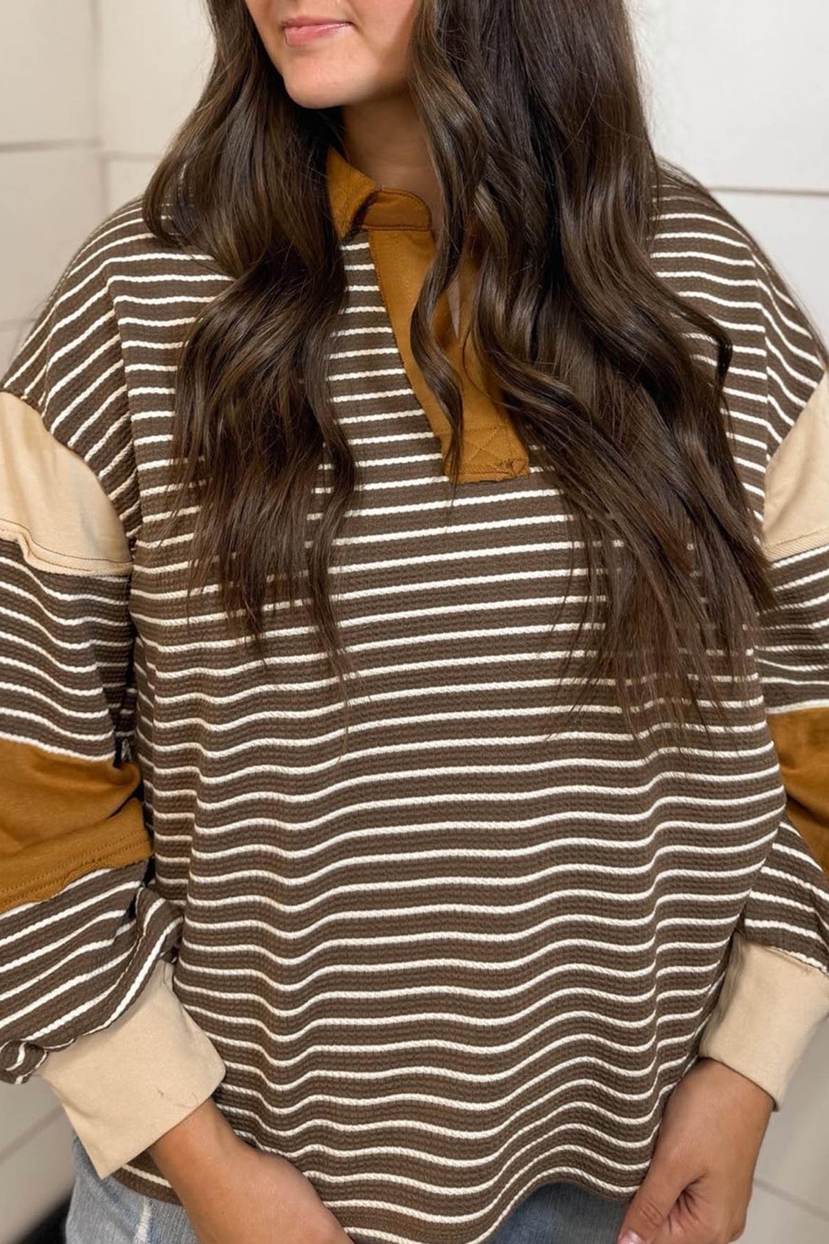 Brown Stripe Collar V Neck Color Block Pullover Top — image 02