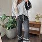 Stripe V-Neck Ruffle Contrast Sleeve Top + Drawstring Pants Set — image 02